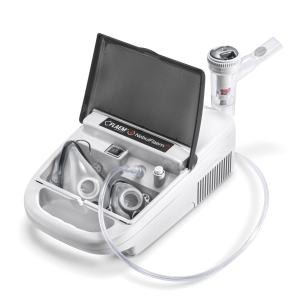 Otwarty inhalator FLAEM NebulFlaem 4.0 z miejscem na akcesoria, maskami oraz nebulizatorem RF9.